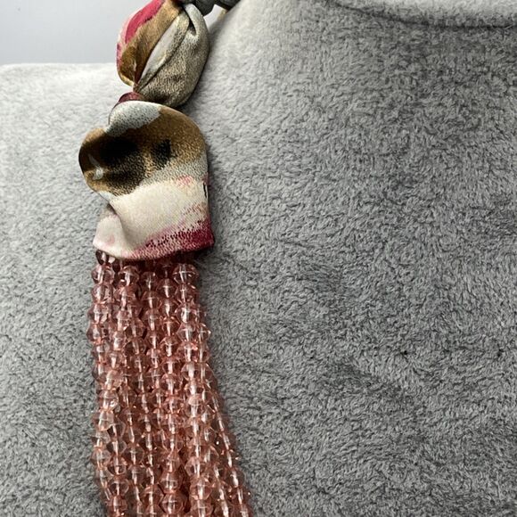 Anthropologie Pink Beaded Multi Strand Necklace Floral Satin Ribbon Tie - Picture 3 of 5